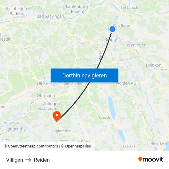 Villigen to Reiden map