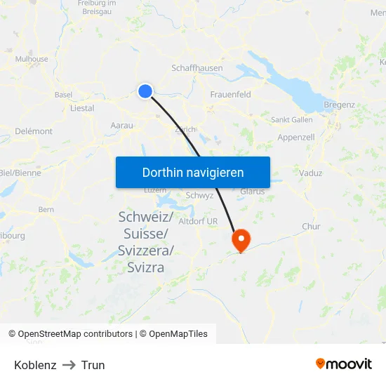 Koblenz to Trun map