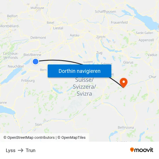 Lyss to Trun map
