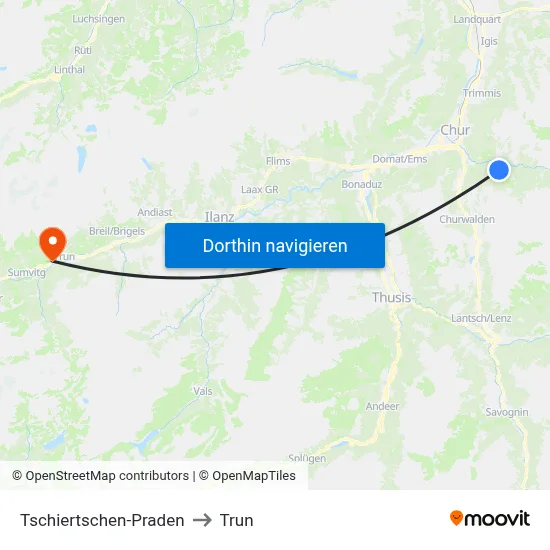 Tschiertschen-Praden to Trun map