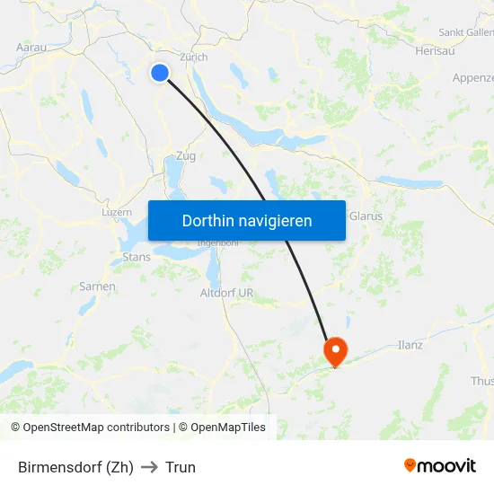 Birmensdorf (Zh) to Trun map