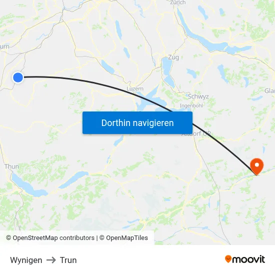 Wynigen to Trun map