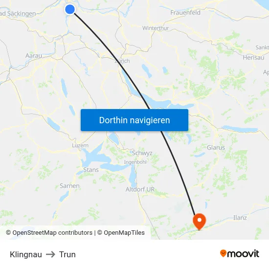 Klingnau to Trun map