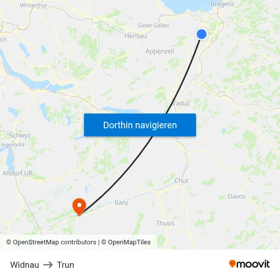 Widnau to Trun map
