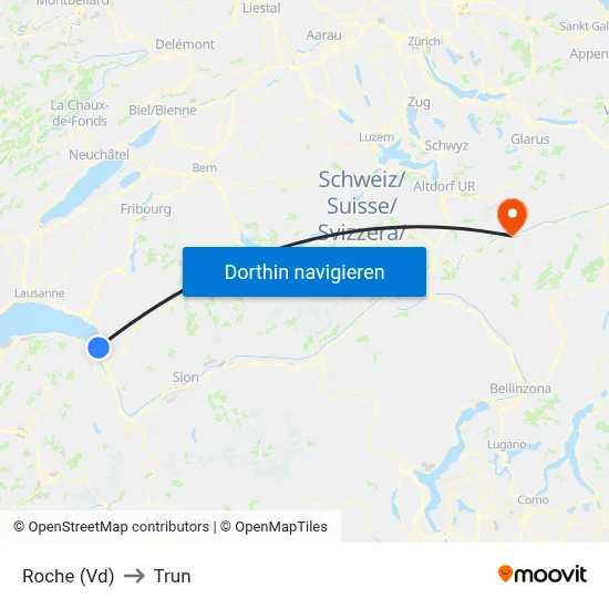 Roche (Vd) to Trun map