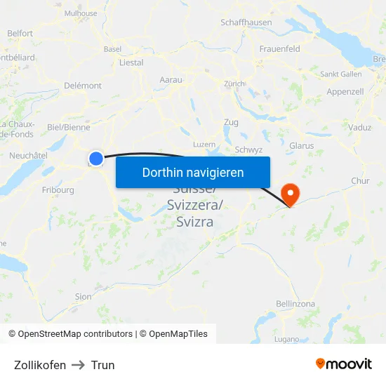 Zollikofen to Trun map