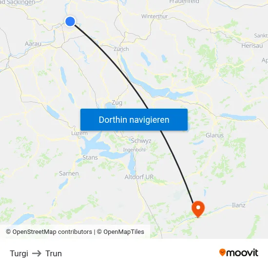 Turgi to Trun map