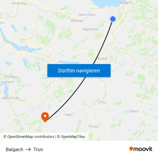 Balgach to Trun map