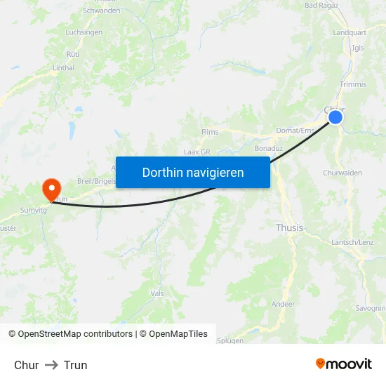 Chur to Trun map