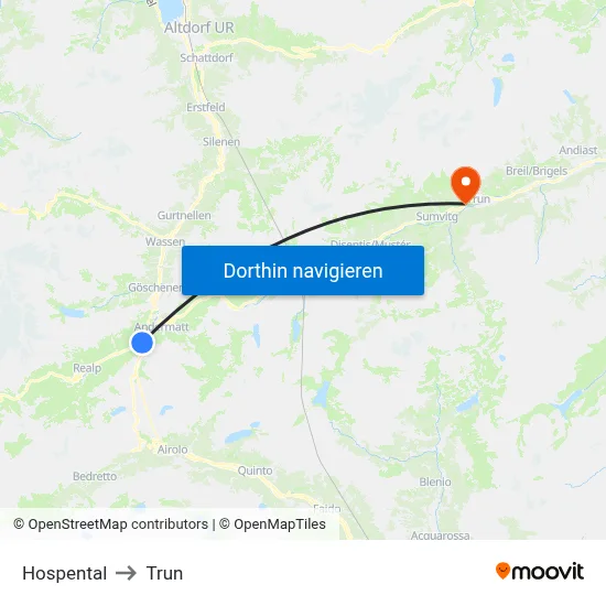 Hospental to Trun map