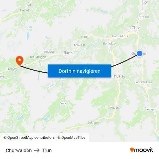 Churwalden to Trun map