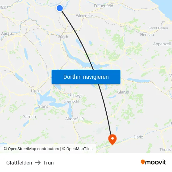 Glattfelden to Trun map
