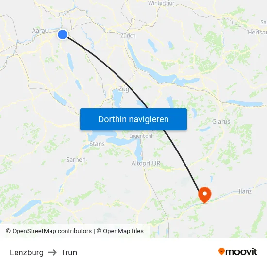 Lenzburg to Trun map