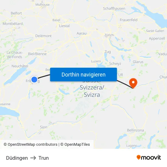 Düdingen to Trun map