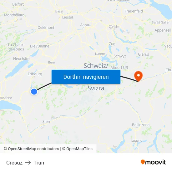 Crésuz to Trun map