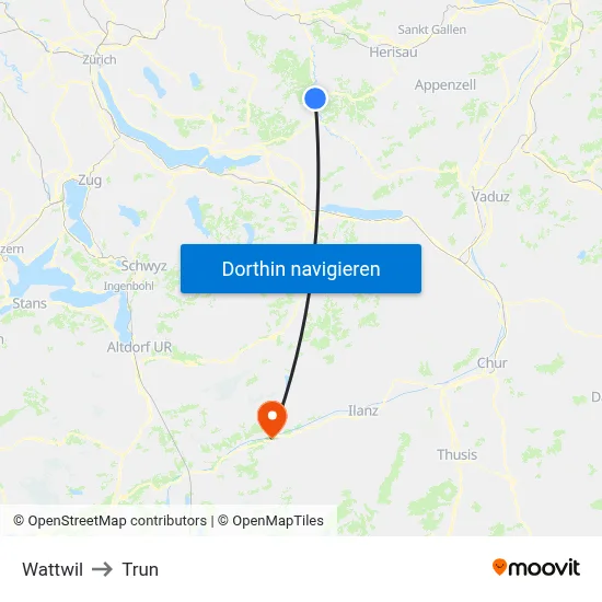 Wattwil to Trun map