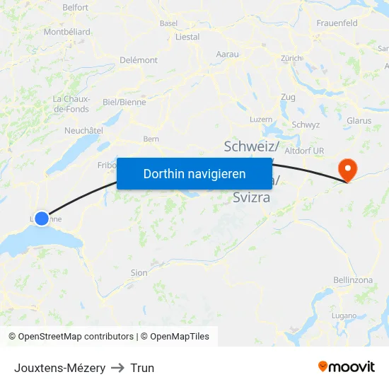 Jouxtens-Mézery to Trun map