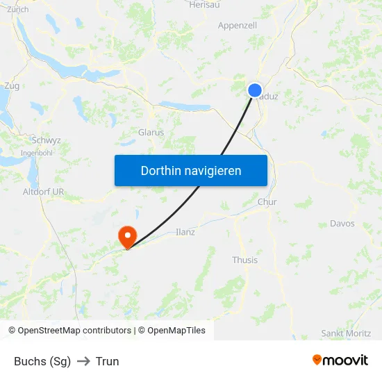 Buchs (Sg) to Trun map