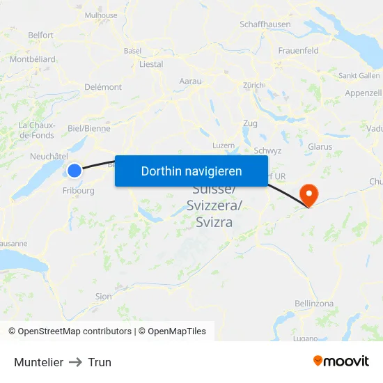 Muntelier to Trun map