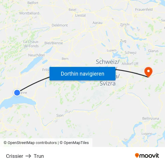 Crissier to Trun map