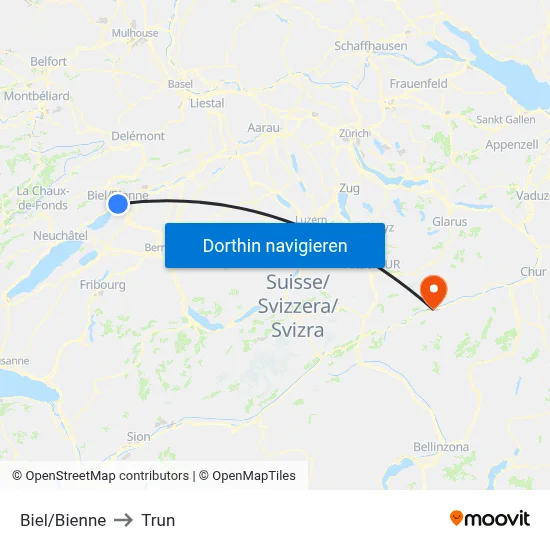 Biel/Bienne to Trun map