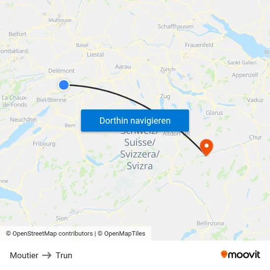 Moutier to Trun map