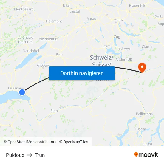 Puidoux to Trun map