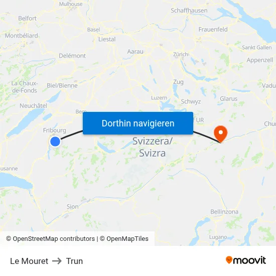 Le Mouret to Trun map