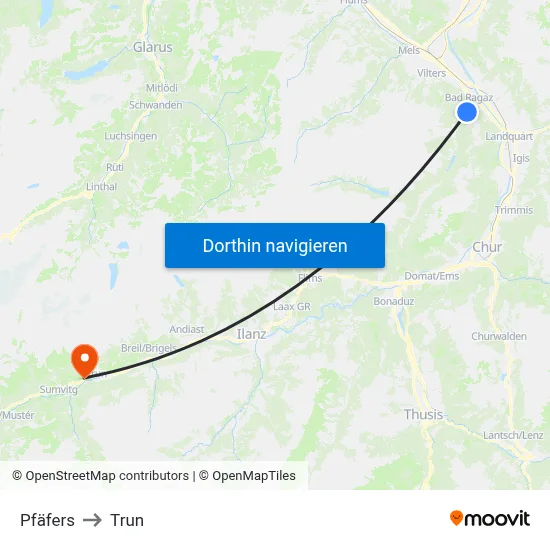 Pfäfers to Trun map