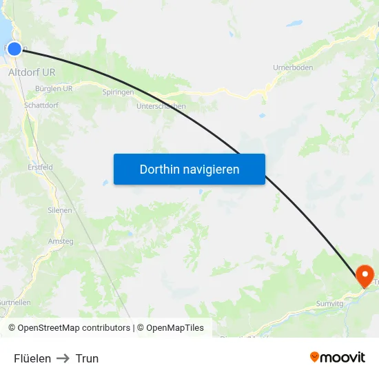 Flüelen to Trun map