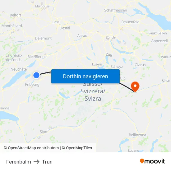 Ferenbalm to Trun map