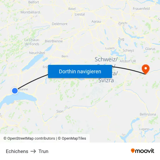 Echichens to Trun map