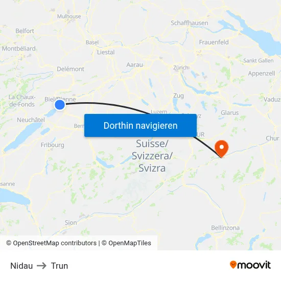 Nidau to Trun map