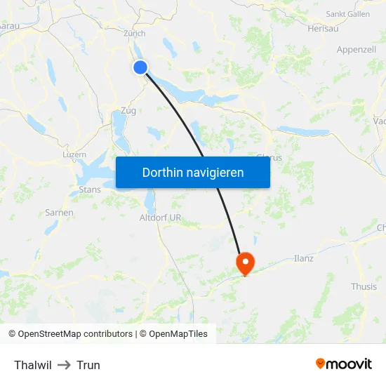 Thalwil to Trun map