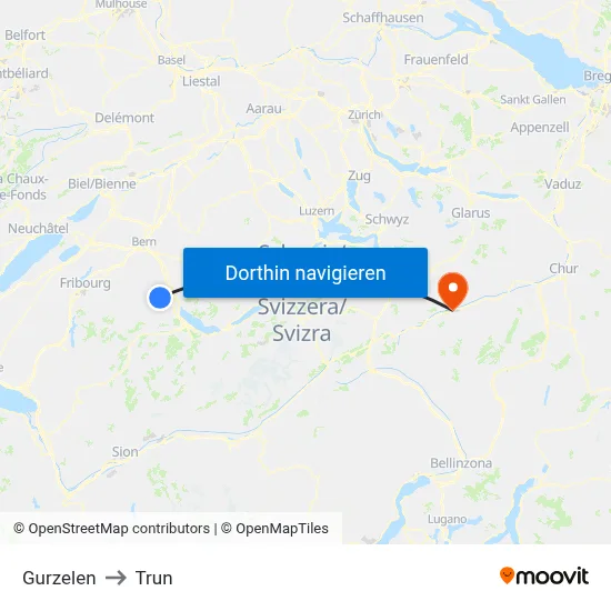 Gurzelen to Trun map