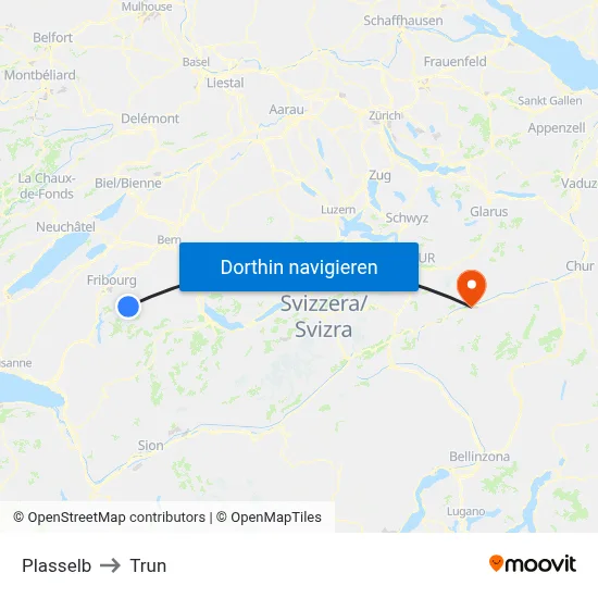 Plasselb to Trun map