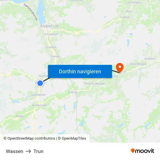 Wassen to Trun map
