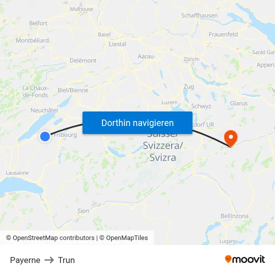 Payerne to Trun map