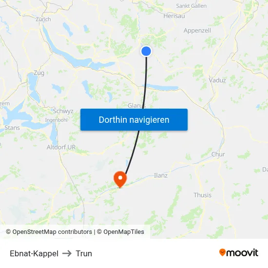 Ebnat-Kappel to Trun map