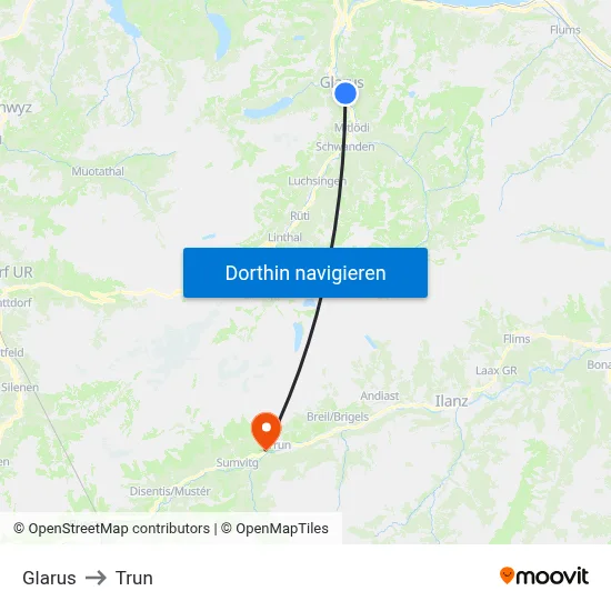Glarus to Trun map