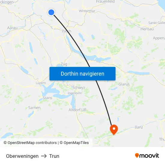 Oberweningen to Trun map