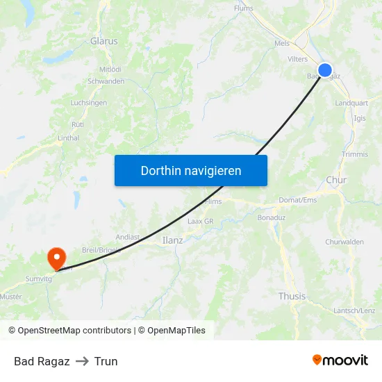 Bad Ragaz to Trun map