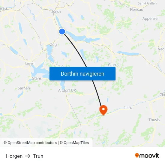 Horgen to Trun map