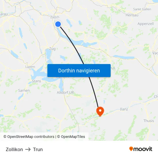 Zollikon to Trun map