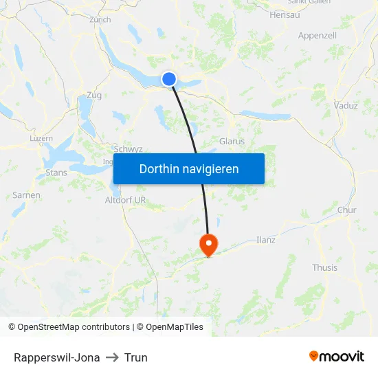 Rapperswil-Jona to Trun map