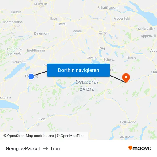 Granges-Paccot to Trun map