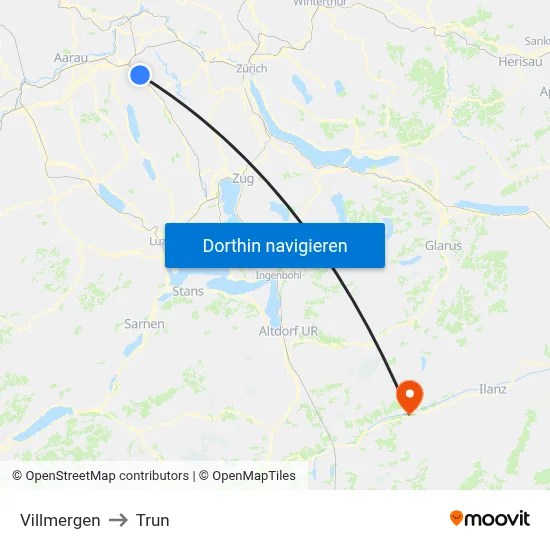 Villmergen to Trun map