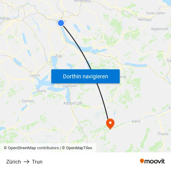 Zürich to Trun map