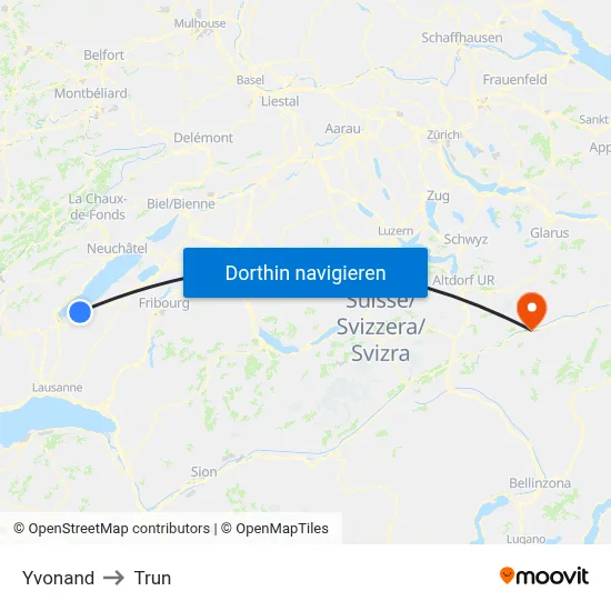 Yvonand to Trun map