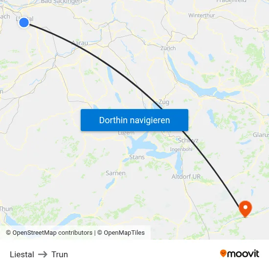 Liestal to Trun map